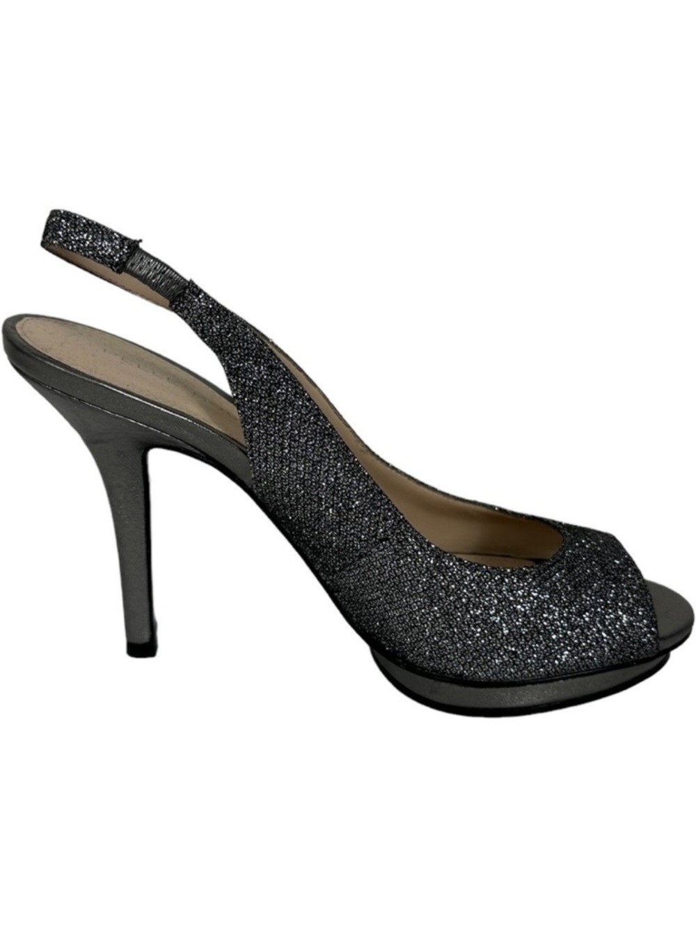 Pelle Moda Rocia Sling Back Pumps Silver Glitter‎ Size 6.5 Heels Metallic Heel